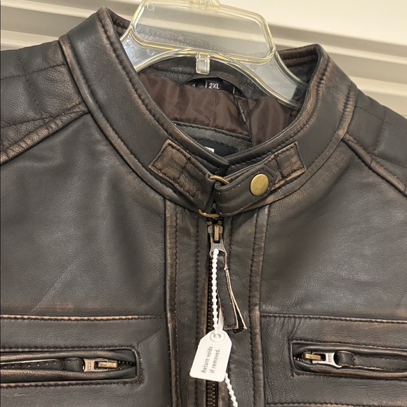 NWT [Real Leather] Motorcycle Biker Brown Diamond Leather Jacket Mens 2XL - Picture 6 of 16